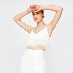 Nasty Gal white feather trimmed crop bustier top size 6 NWT